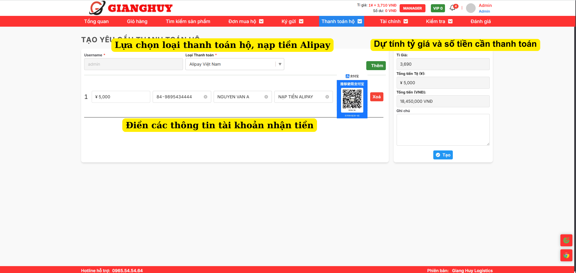 Nap tien Alipay Giang Huy Logistics