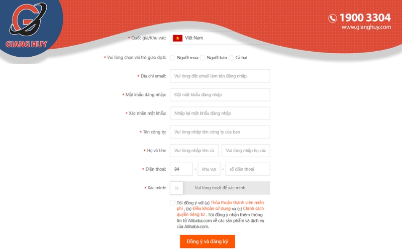Điền đầy đủ các thông tin đăng ký tài khoản trên Alibaba
