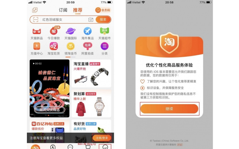 Đồng ý các điều khoản của ứng app Taobao