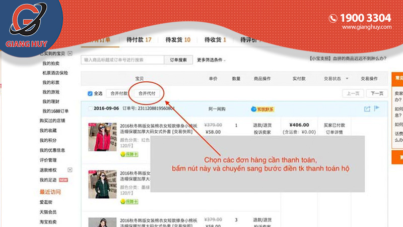 Thanh toán đơn hàng bằng cách uỷ uyền thanh toán trên Taobao
