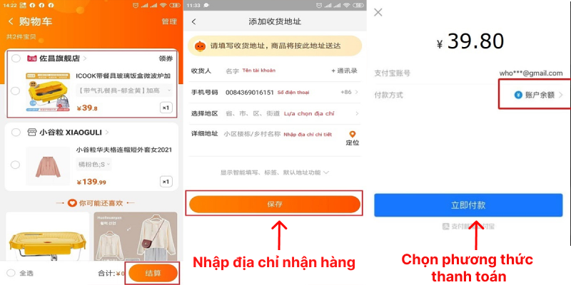 Điền địa chỉ và phương thức thanh toán đơn đặt hàng Taobao