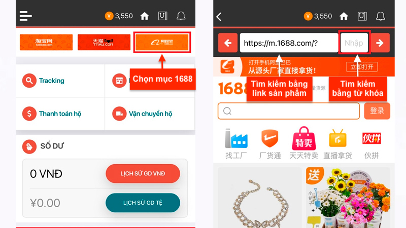 Tìm kiếm sản phẩm 1688 trên app Giang Huy
