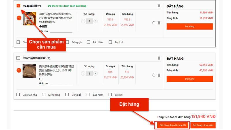 Đặt hàng thông qua dịch vụ đặt hàng Taobao tại Giang Huy