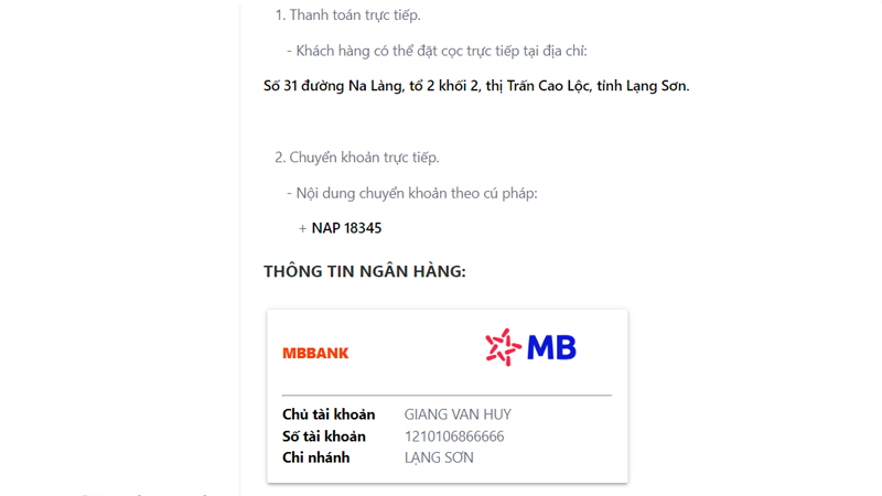 Thông tin thanh toán tại dịch vụ mua hàng Taobao hộ của Giang Huy
