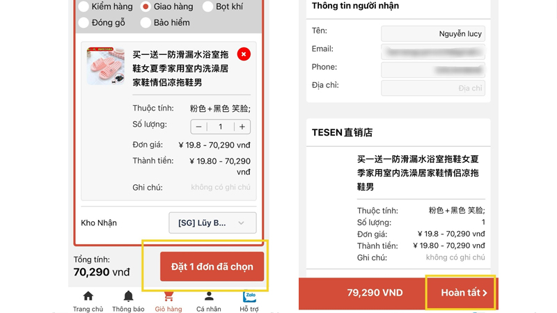 Hoàn tất mua hàng Taobao tại app Giang Huy
