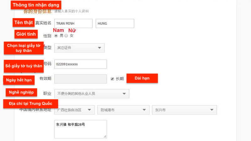 Điền thông tin cá nhân khi đăng ký Alipay