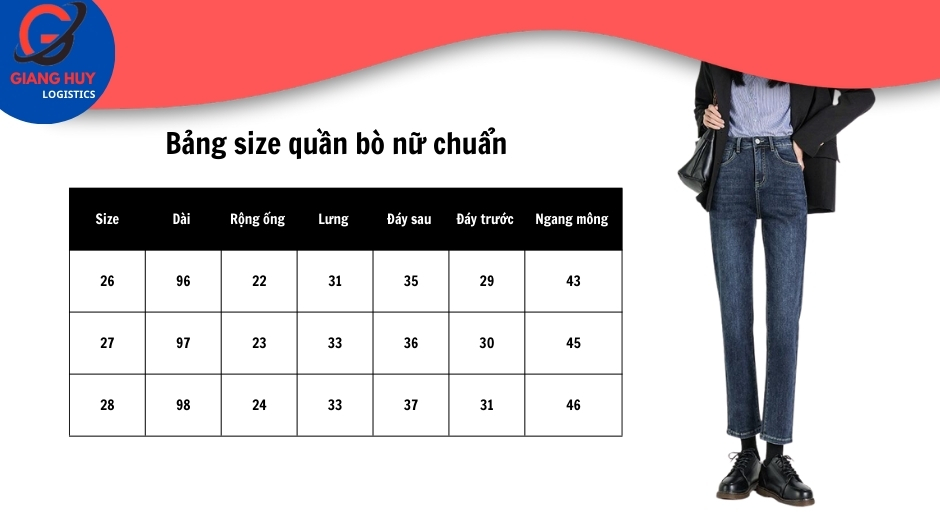 Bảng size quần bò nữ tiêu chuẩn