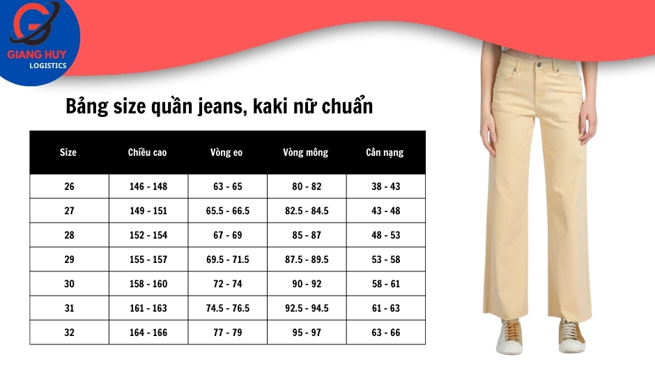 Bảng size quần jeans, kaki nữ tiêu chuẩn