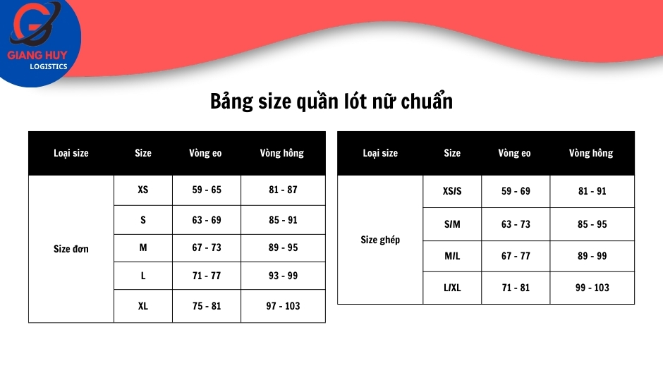 Bảng size quần lót nữ tiêu chuẩn