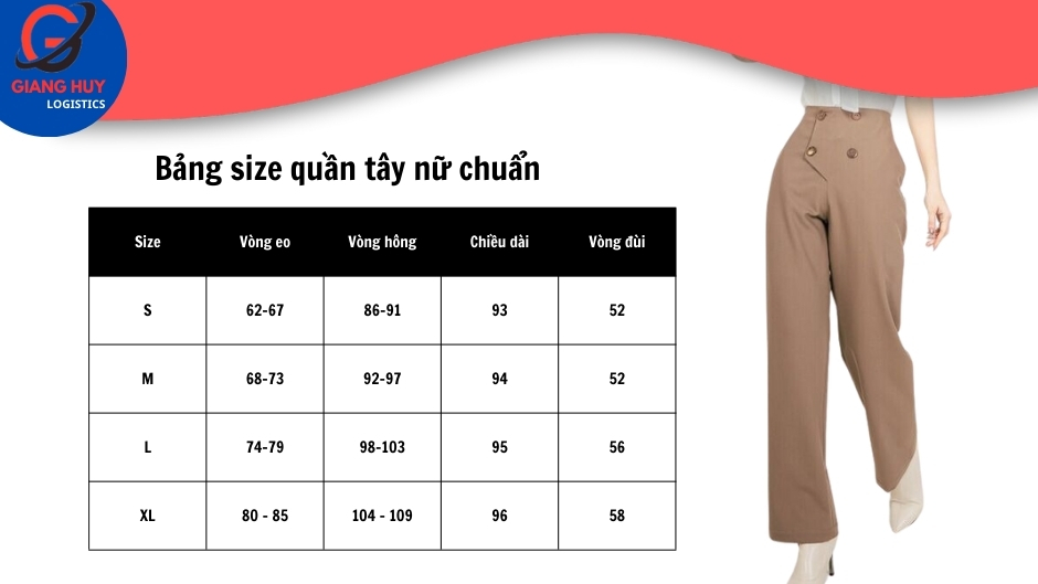 Bảng size quần tây nữ tiêu chuẩn