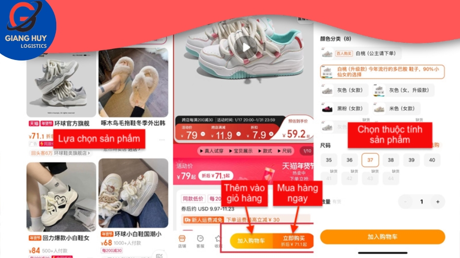 Lựa chọn và thêm sản phẩm vào giỏ hàng taobao