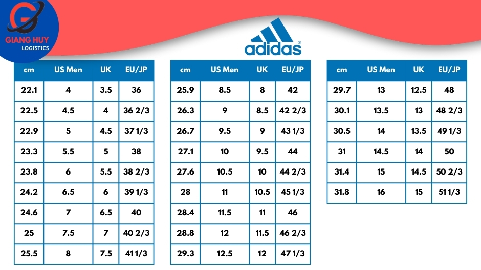 Bảng size giày nam của Adidas