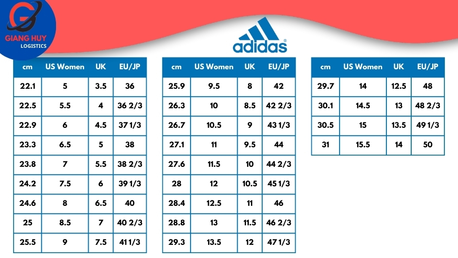 Bảng size giày nữ của Adidas