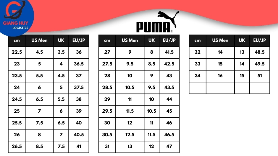 Bảng size giày nam của Puma