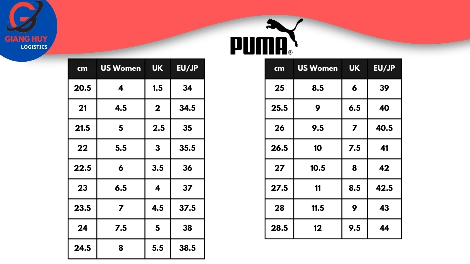 Bảng size giày nữ của Puma