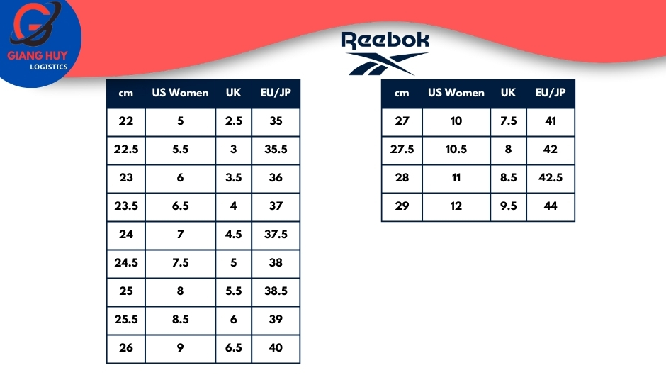 Bảng size giày nữ của Reebok