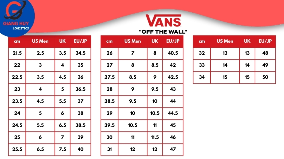 Bảng size giày nam của Vans