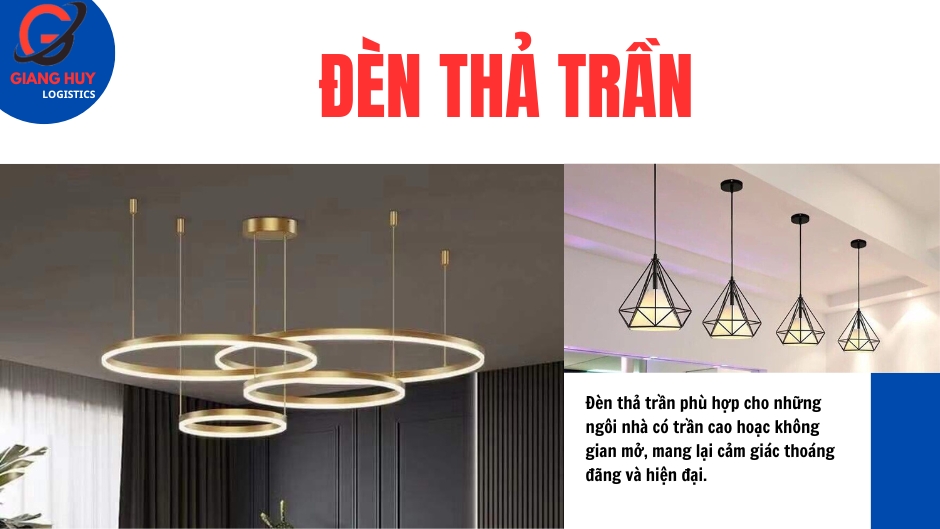 Đèn thả trần  phù hợp với nhiều không gian khác nhau như phòng khách, phòng ăn, hoặc khu vực lễ tân