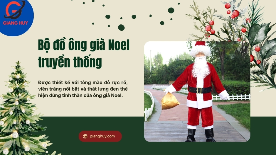 Bộ đồ ông già Noel truyền thống được thiết kế với tông màu đỏ rực rỡ, viền trắng nổi bật, và thắt lưng đen