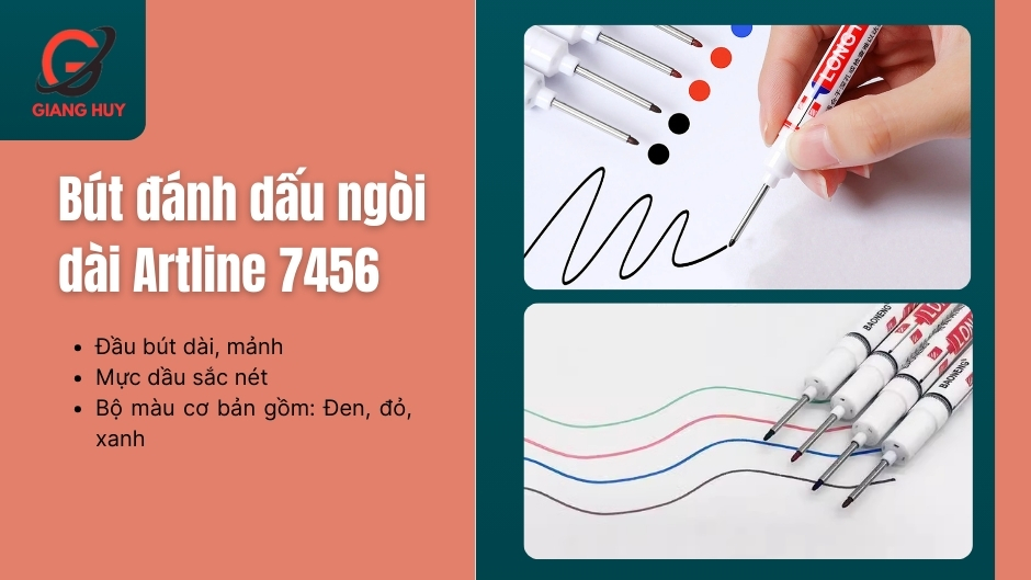 Bút đánh dấu ngòi dài Artline 7456 gồm các màu cơ bản: Xanh, đen, đỏ