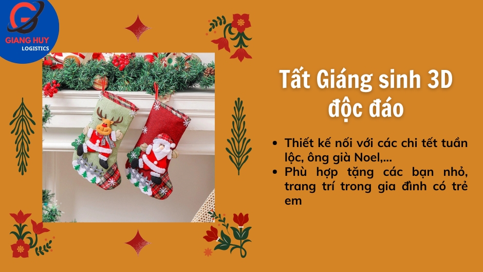 Tất Giáng sinh 3D độc đáo thiết kế nối với các chi tiết tuần lộc, ông già Noel