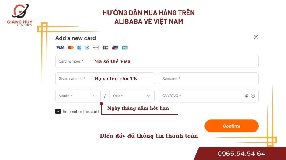 Điền các thông tin thanh toán trên Alibaba