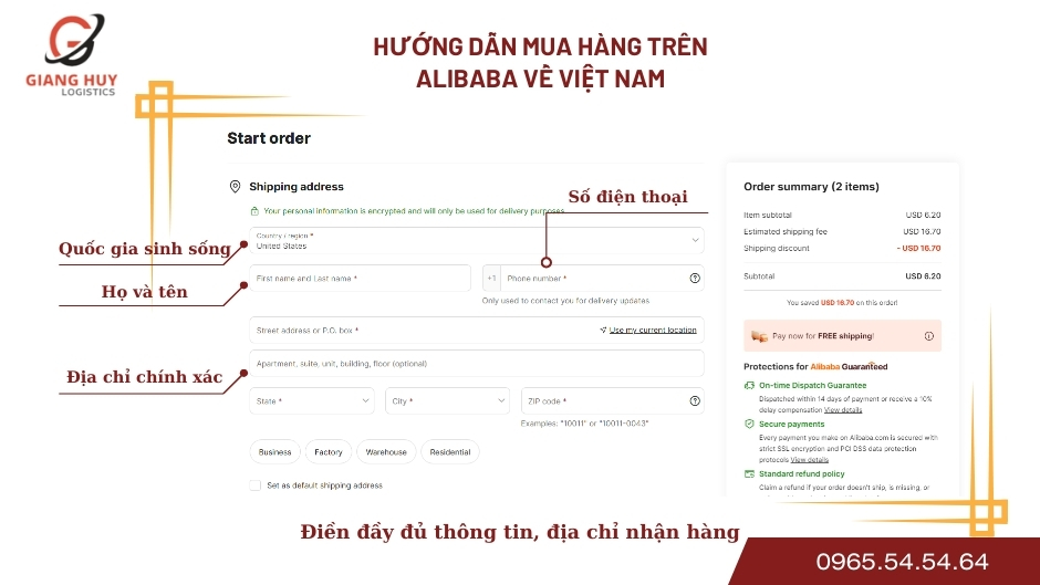 Điền các thông tin mua hàng của bạn trên Alibaba