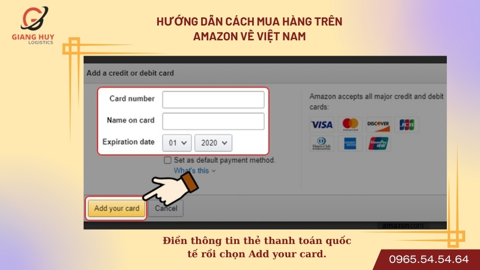 Điền thông tin thẻ thanh toán quốc tế rồi chọn Add your card.