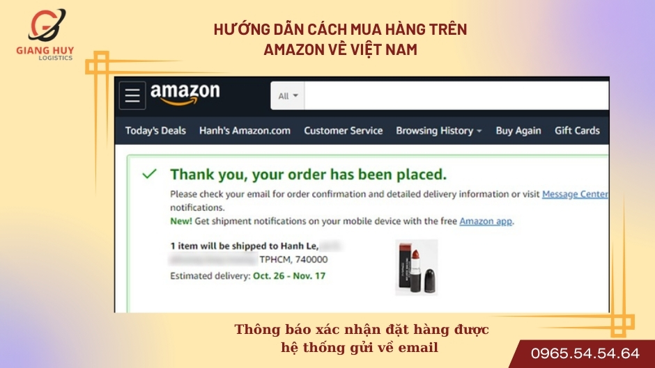 Thông báo xác nhận đặt hàng được hệ thống gửi về email