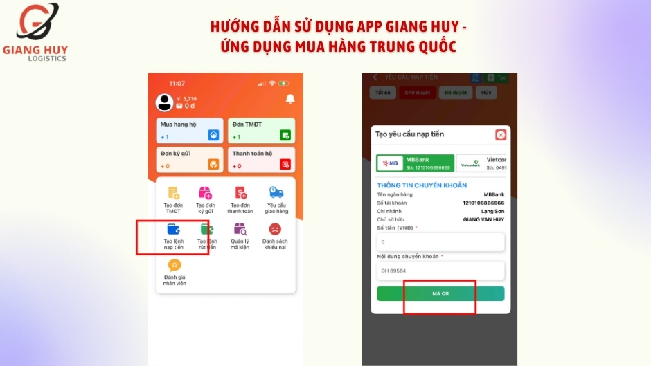 Tạo yêu cầu nạp tiền để thanh toán trên app Giang Huy
